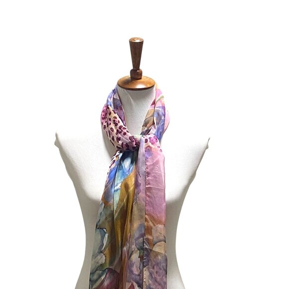 Boutique Leopard Floral Print 100% Silk Scarf Pink One Size Boho Coastal Flowy - Picture 5 of 12